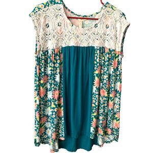 MATILDA JANE SLEEVELESS TOP LACE YOKE HI-LO MODAL GREEN FLORAL BLOCK SIZE M